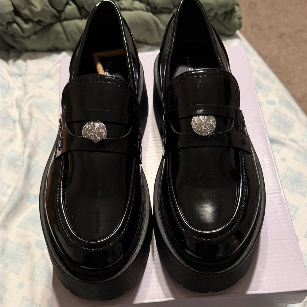 Madden Girl Glossy Black Loafers with Silver Detail